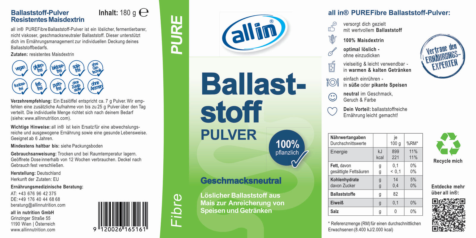 all in® PURE FIBRE Ballaststoff Pulver geschmacksneutral, 180g Dose