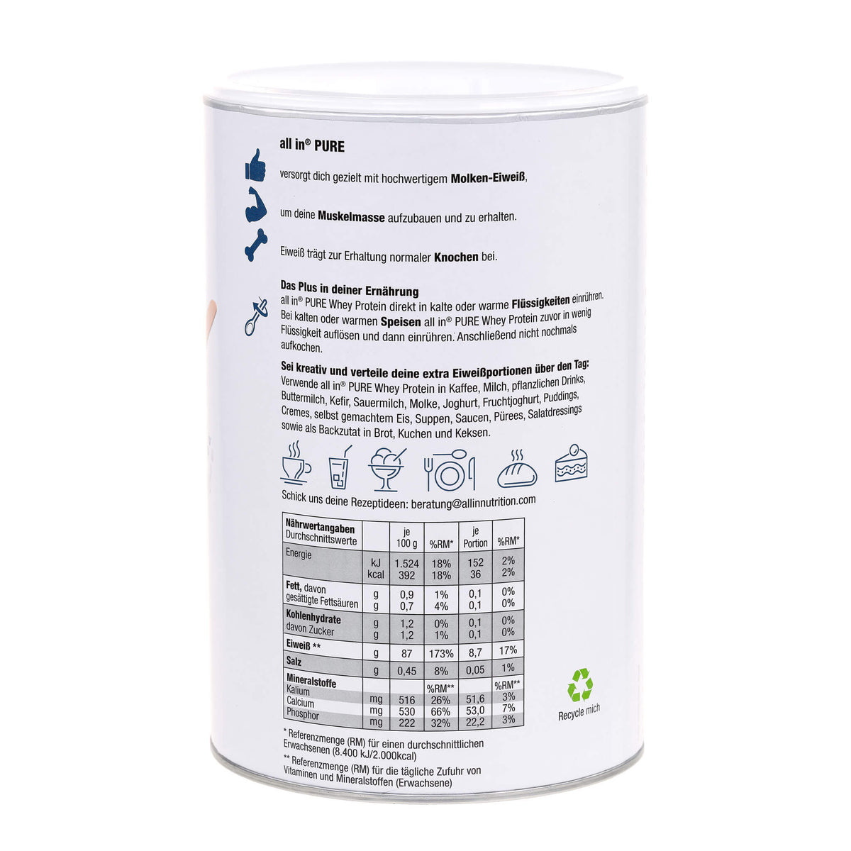 all in® PURE WHEY Protein Molken Pulver geschmacksneutral