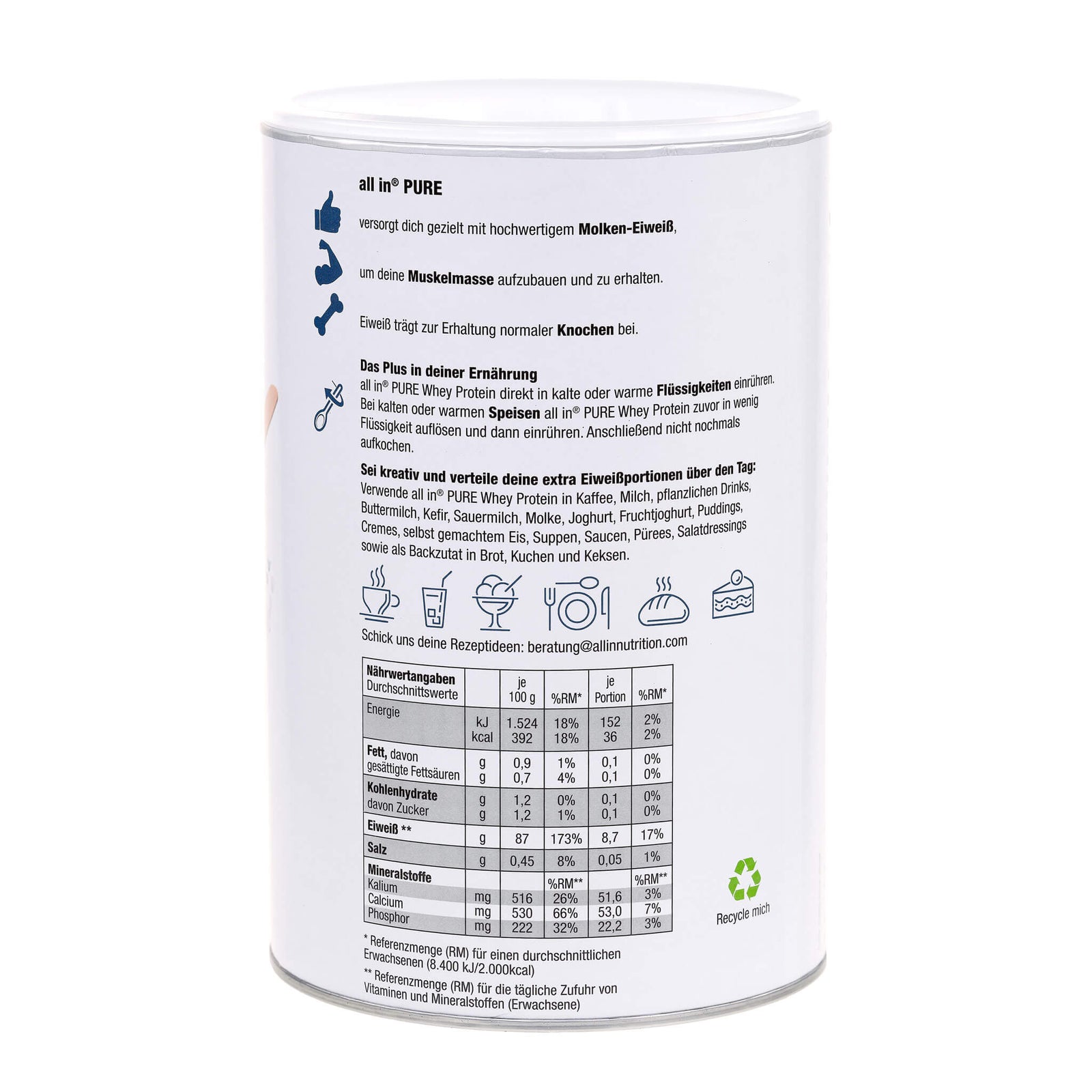 all in® PURE WHEY Protein Molken Pulver geschmacksneutral